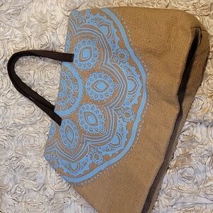 Burlap Tote Bag Bohemian Mandala Design Large Beach / Shopping Bag.